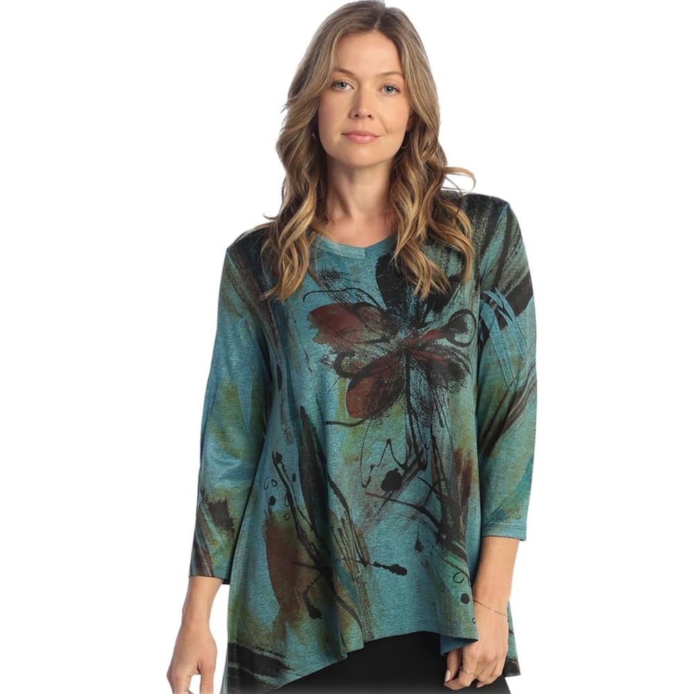 Jess & Jane Sola Slinky Blue Green Abstract Floral V Neck 3/4 Sleeve Tunic Top L